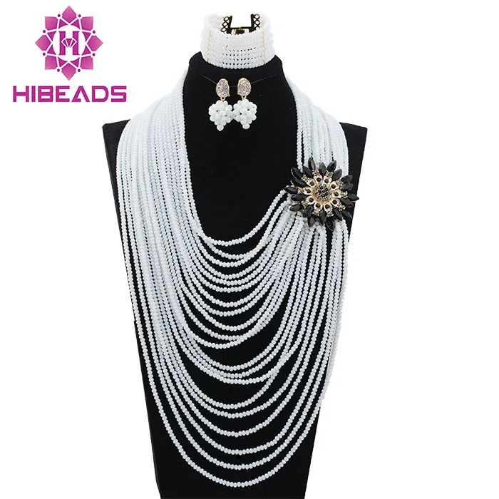 

White African Wedding Nigerian Beads Bridal Fashion 20 Rows Crystal Beads Jewelry Set Necklace Jewelrly Set Free ShippingABH060