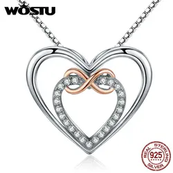 WOSTU Brand Authentic 925 Sterling Silver Delicate Heart into Heart Pendant Necklaces for Women Fine Jewelry Gift CQN121