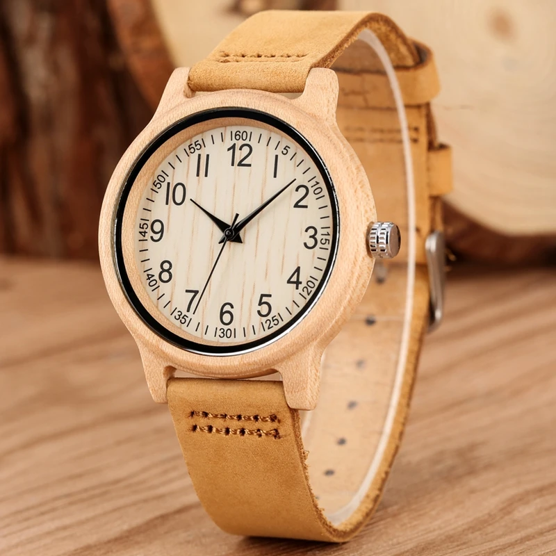 Natural Bamboo Wooden Watches Ladies Watch Female Precise Scale Wood Wristwatch Slim Leather Band Quartz Watches for Women Girls