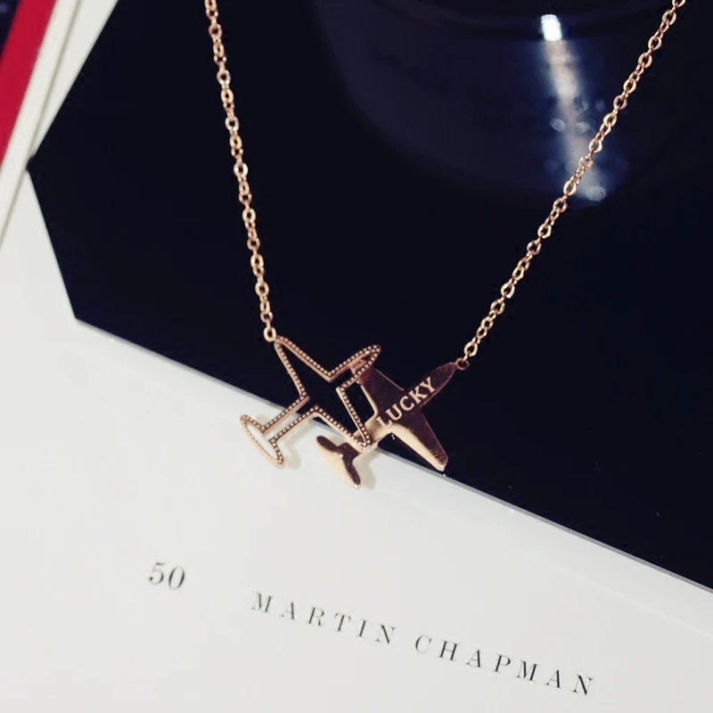 

YUN RUO Rose Gold Silver Color Woman Jewelry Fashion Lucky Airplane Pendant Necklace 316 L Stainless Steel High Polish Wholesale