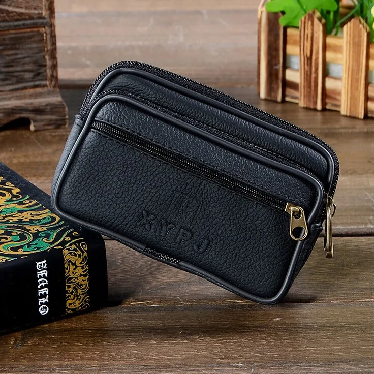 

Men Fanny Pack Mobile Phone Bag Black PU Leather Good Quality Zipper Coin Purse Burse Good Quality Bags Casual Waist Packs Bags