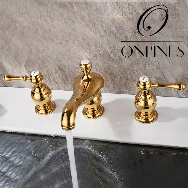 

Germany online Oushifanggu Golden Double handle faucet three holes washbasin Lengre All copper faucets