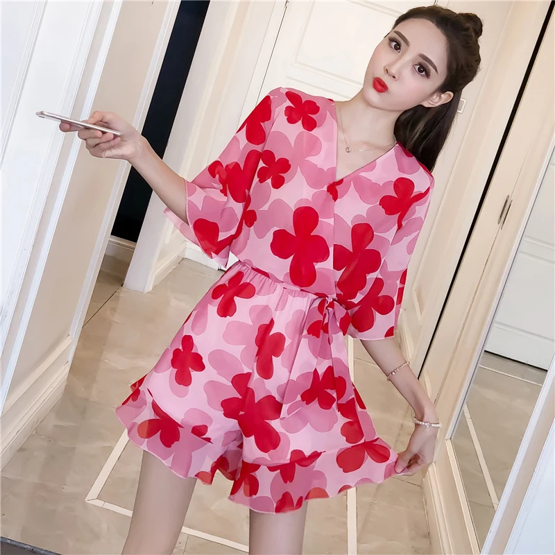 Wanita Rompers Celana Pendek Kasual Overall Lengan Pendek V Leher Floral Playsuits Musim Panas Pantai Chiffon Ruffle Celana Kodok DD1932