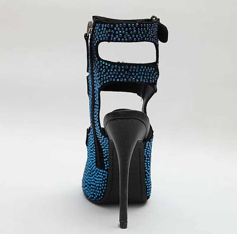 2018 Newest Modern Blue Exquisite Rhinestone Gladiator Sandals Sexy Cut-Outs Design Peep Toe High-Heeled Short Sandal Boot