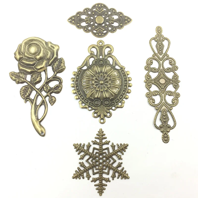 10Pcs Antique Bronze Tone Rose Flower Medal Alloy Connectors Filigree Wraps Hollow Pattern Embellishments Jewelry DIY Findings