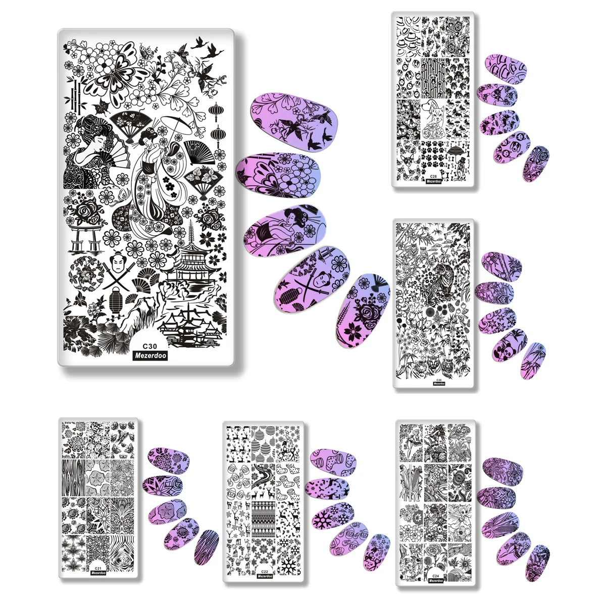 Mezerdoo Animal Plants Fruits Nail Stamping Plate Nail Art Stamping Image Plate Cute Dogs Hippocampus Design Nail Stamp Template