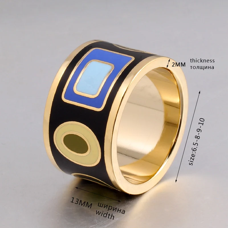 Color Cultur 13mm width Big Rings for Women Geometric Patterns Gold Stainless Steel  Trendy Enamel  Jewelry