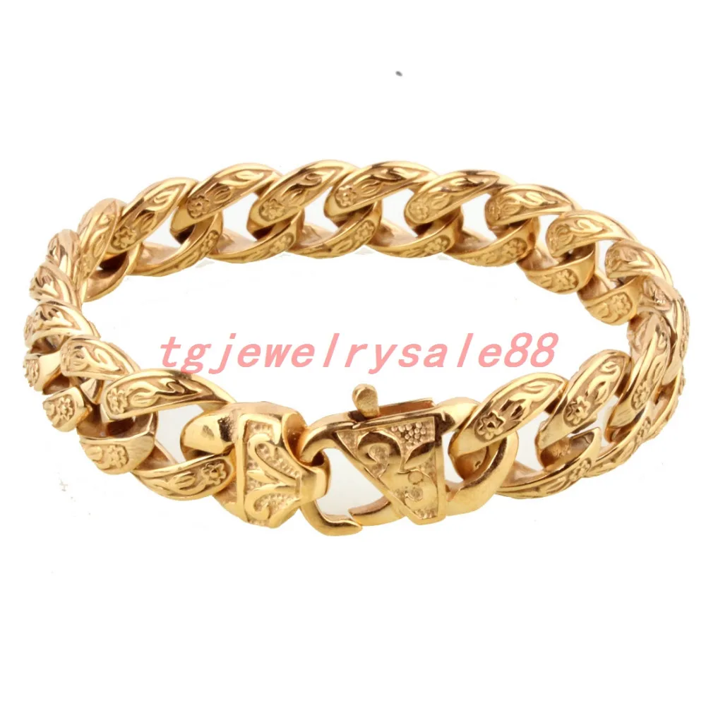 Popular Biker Men\'s 15mm Wide Gold Color Stainless Steel Curb Cuban Link Chain Casting Bracelet Jewelry Flower Clasp 9\