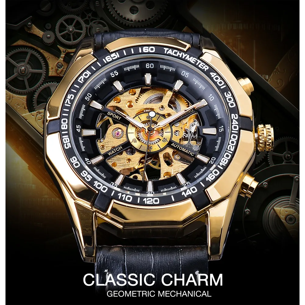 Forsining Waterproof Golden Black Skeleton Clock Two Button Decoration Mechanical Wrist Watches for Men Black Genuine Leather