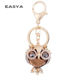 EASYA Crystal Owl Keychain Champagne Rhinestone Car Keyring Women's Fashion Bag Accessory Metal Owl Key Chain
