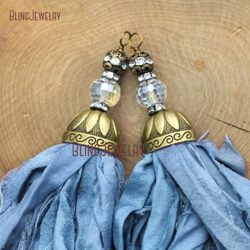 Cerulean Sari Silk Tassel Pendant  with Antique Bronze Cap and Aura Crystal Accent PM9052