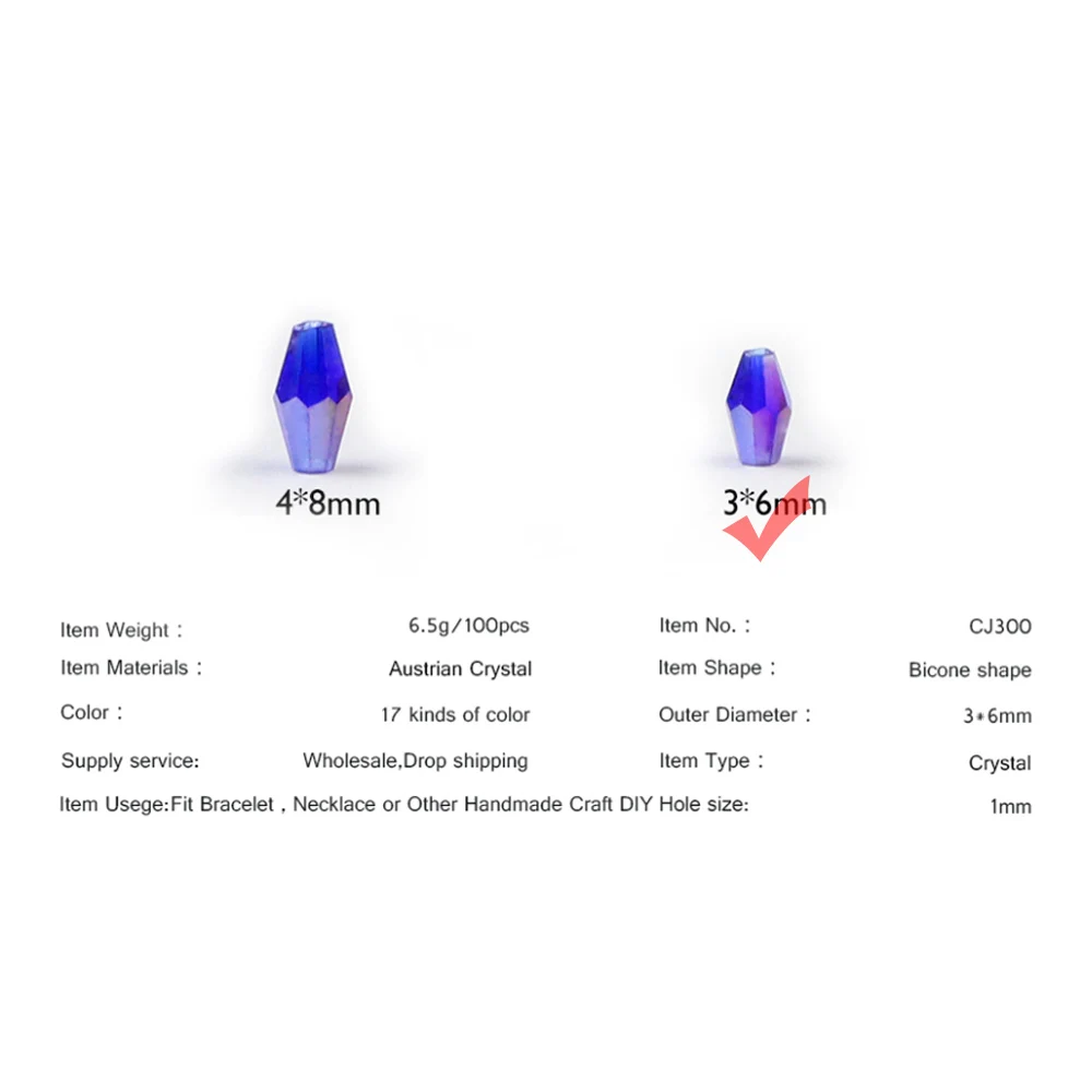 WLYeeS 3*6mm Faceted Austrian Long Bicone crystal beads 100pcs/lot cone glass Loose Spacer bead for Jewelry bracelet making DIY