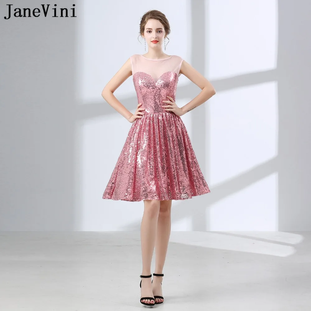 

JaneVini Sparkle Pink Sequined Short Bridesmaid Dresses Scoop Neck Sleeveless A Line Knee Length Women Elegant Party Prom Gowns