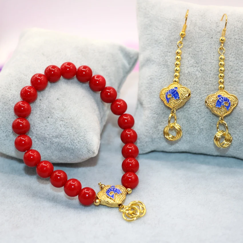 Red artificial coral round beads 8mm strand bracelet earrings for women high quality cloisonne jewelry set 7.5inch B3029