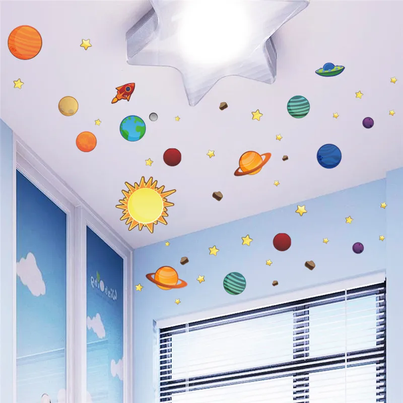 Cute Solar System Cartoon wall stickers for kids rooms Stars outer space planets Earth Sun Saturn Mars poster Mural school decor