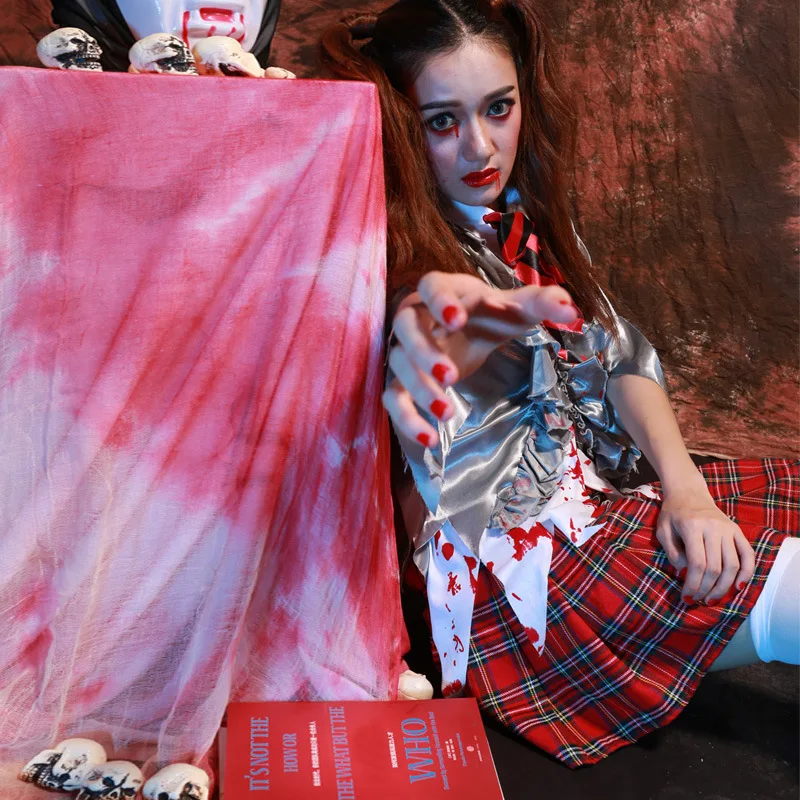 Halloween Vrouwen Scary School meisje Cosplay Kostuum Blood stain Zombies Student Uniform Exotische Carnaval Duivel jurk