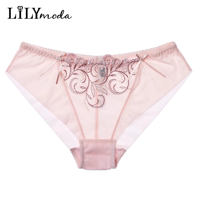 Summer Women Seamless Briefs Mid Waist Sexy Underwear Transparent Flowers Embroidery Panties Breathable Ladies Cozy Lingerie