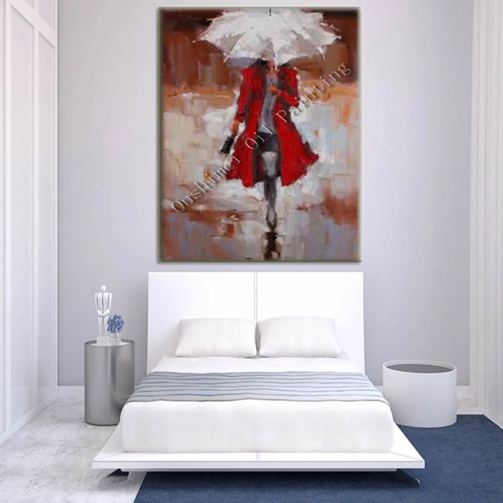 Hand Painted Walking In The Rain Landscape Paintings On Canvas Oil Painting Umbrella Figure Picture For Living Room Wall Decor image 2