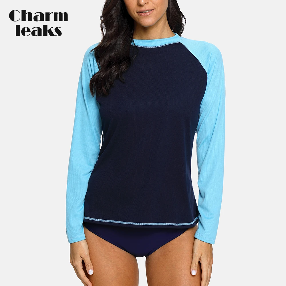 Charmleaks Long Sleeve Women Rashguard Quick-drying Shirt Patchwork Surfing Top Hiking Shirts Rash Guard UPF50+