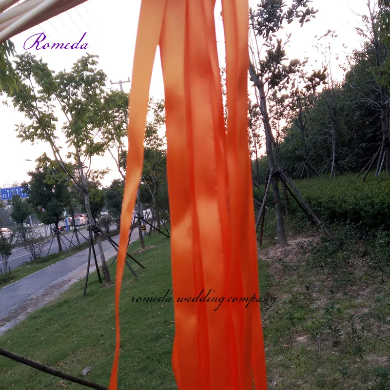 

Newest 50pcs/lot orange stain ribbon wedding wands stick Streamers With big sliver Bells for wedding