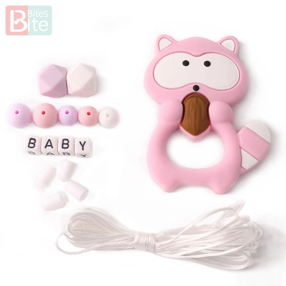 Bite Bites 1set Silicone Teether Raccoon Perle Silicone Beads DIY Set Food Grade Silicone Cartoon Animals BPA Free Baby Teether