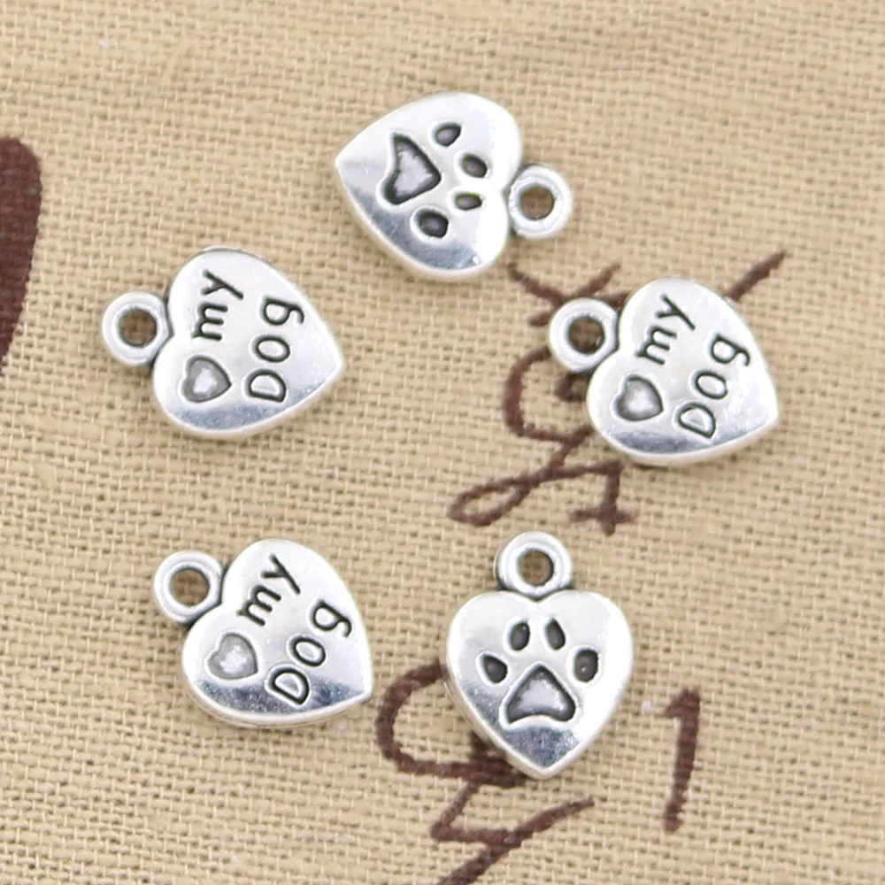 25pcs Charms Heart Dog Paw 13x10mm Handmade Pendant Making fit,Vintage Tibetan Bronze Silver color,DIY For Bracelet Necklace