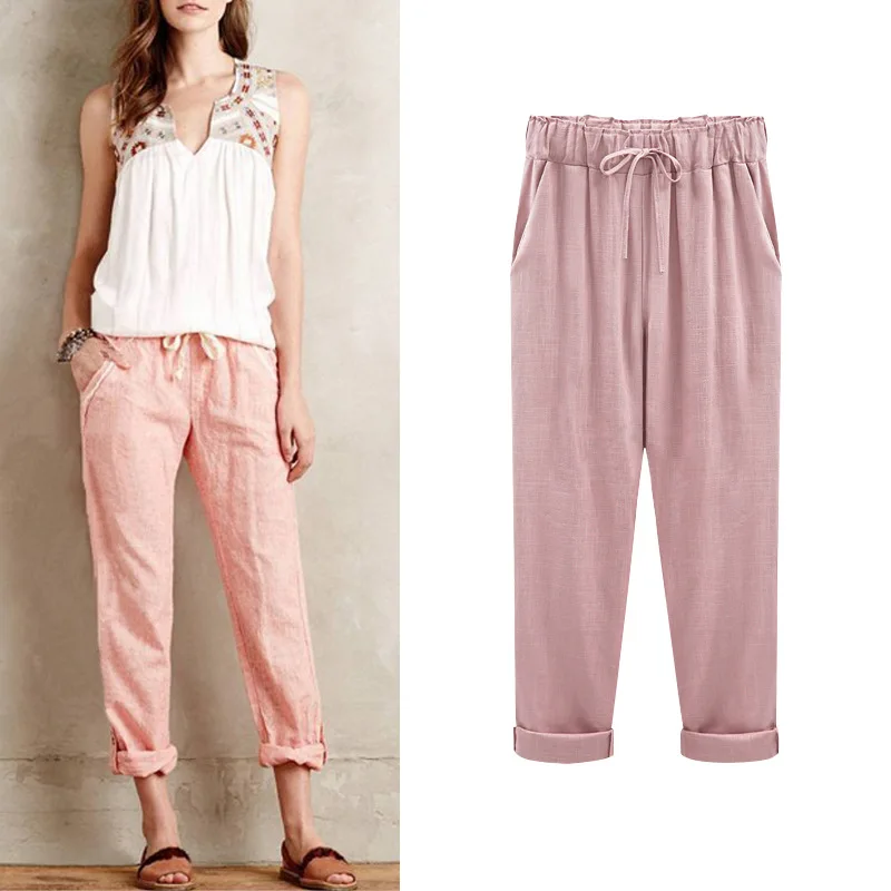 Cotton Linen Pants Elastic high Waist Ankle Length Casual Women Loose spring pants