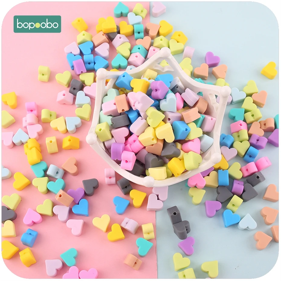 Bopoobo Silicone Beads Heart-shaped 10pc 14mm Food Grade Teether Diy Jewelry Sensory Toys Necklace Or Bracelet Baby Teether