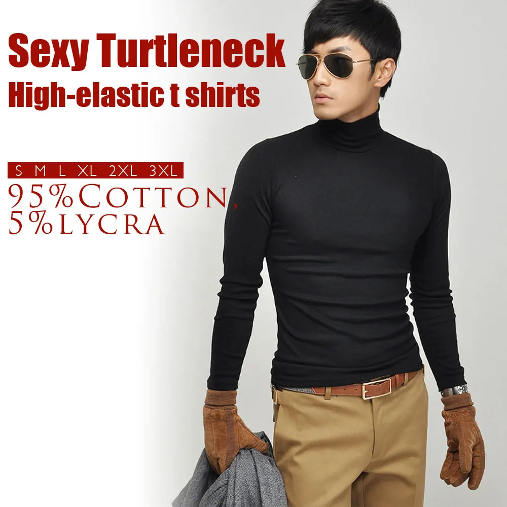 Autumn Winter Black White Men\'s Long-sleeve T-shirt Turtleneck High-elastic Lycra Cotton T shirt Solid Color S-XXXL st-803