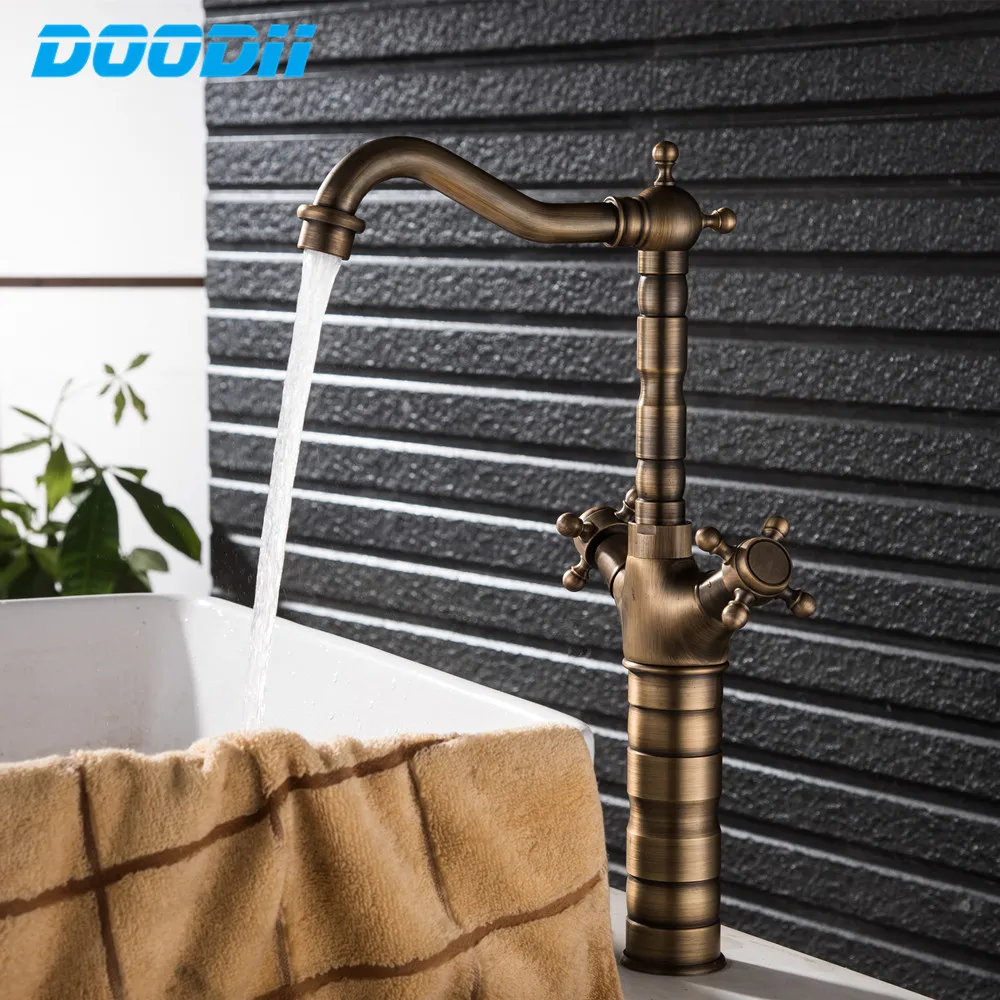 360 Degree Turn Kitchen Mixer Bathroom Sink Faucet Antique Bronze Finished Hot and Cold Water Mixer Tap Crane With Pop Up DOODII