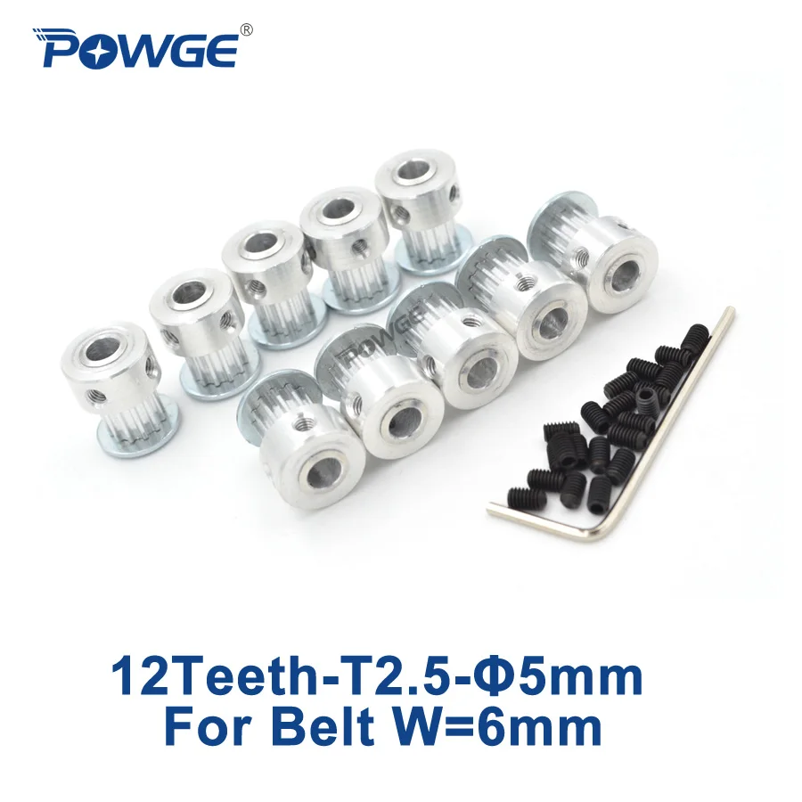 POWGE 10pcs 12 Teeth Trapezoid T2.5 Timing Pulley Bore 5mm Aluminum for width 6mm T2.5 Synchronous Belt  T2.5 Pulley 12T 12Teeth