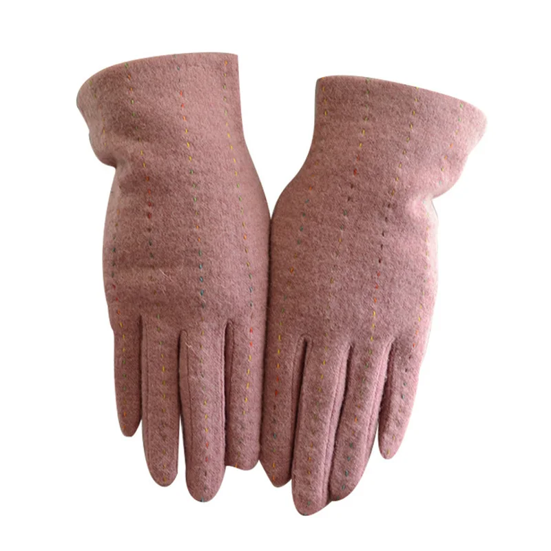 Fashion Elegant Female Wool Knit Embroidery Touch Screen Gloves Winter Women Warm Cashmere Full Finger Leather Bow Gloves C25