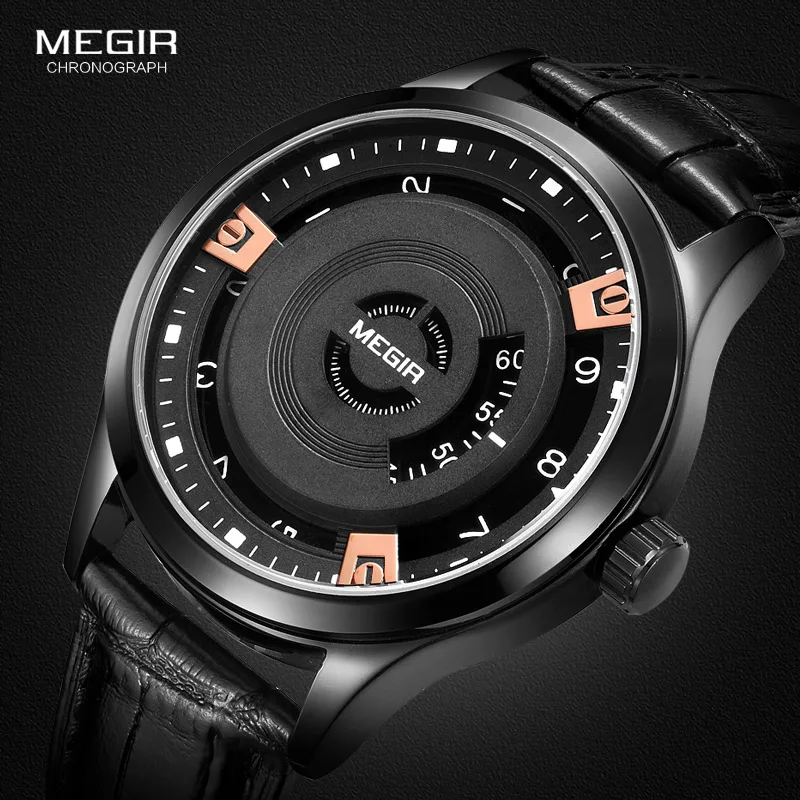 Megir Mens Mode Hitam Kulit Jam Tangan Quartz Hot Baterai Tahan Air Quartz Perhiasan untuk Man Male1067