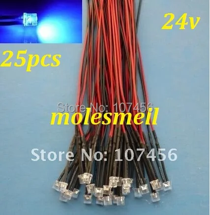 

Free shipping 25pcs Flat Top Blue LED Lamp Light Set Pre-Wired 5mm 24V DC Wired 5mm 24v big/wide angle blue led