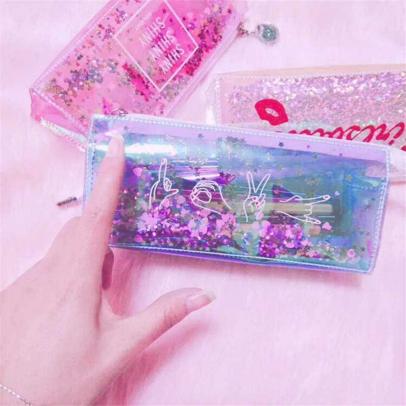 Fashion Harajuku Hologram Metallic Color Sequin Transparent Laser Pencil Case Woman Cosmetics Storage Bag Student Stationery