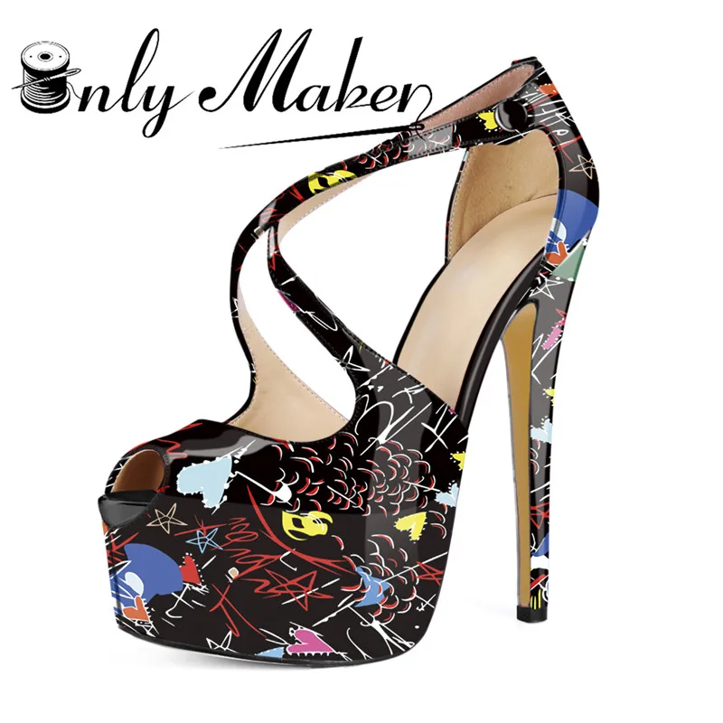 Onlymaker Women Peep Toe Platform Stiletto Pumps White  Black Graffiti Colorful Fashion Thin High Big Size Women Heels