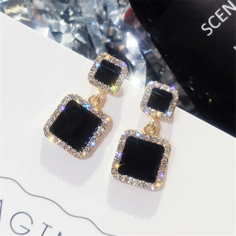 IPARAM Trend Korean Black Square Rhinestone Earrings Fashion Crystal Geometry Female Pendant Earrings Jewelry