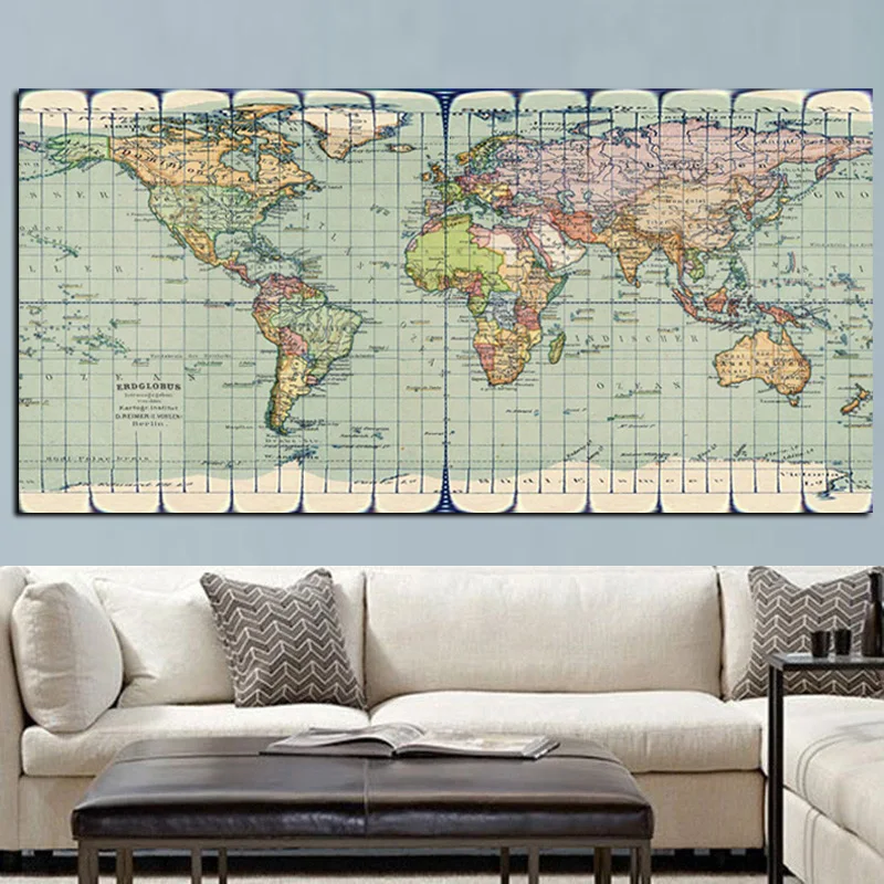 Classic Vintage Earth World Map Painting Canvas, HD Print on Canvas, Modern Wall Picture for Office Room Decor