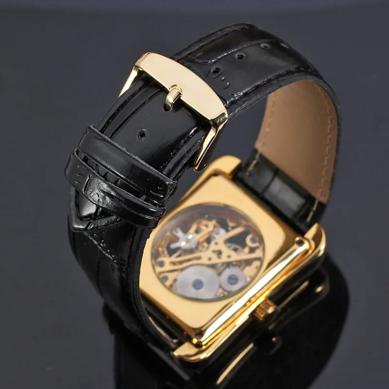 2018 Winner Brand Retro Casual Series Rectangle Dial Design Golden Pattern Hollow Skeleton Watch Men Top Brand Luxury Mechanical