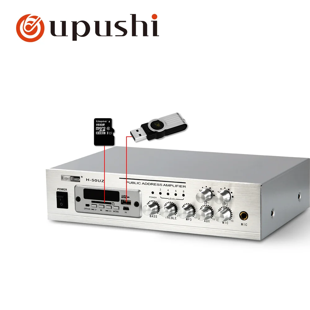 Oupushi home background music system 2 zone Pa amplifier 8'' in ceiling speakers 50W home digital audio with MP3 USB FM SD card