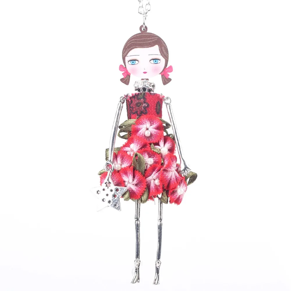 Bonsny French Doll Necklace Dress 2015 New Long Chain Doll Pendant Acrylic Alloy Star Girl Women Flower Fashion Jewelry Cute