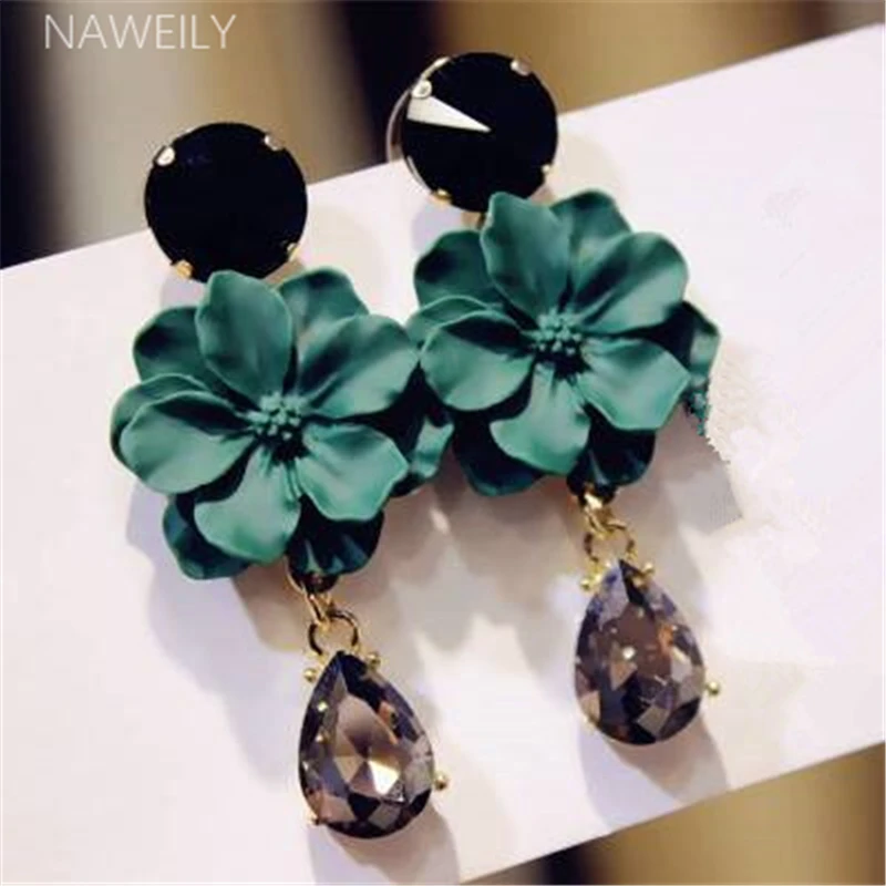 NAWEILY Fashion Camellia Crystal Earrings For Women Elegant Green Black Flower Dangle Long Earring Jewelry Gifts NWLA2102