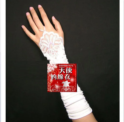 งานแต่งงานอุปกรณ์เสริม ~ สไตล์สั้น Fingerless Pearl ลูกไม้ซาตินเจ้าสาวถุงมือ339