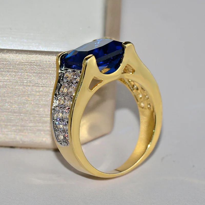Vintage Gold Luxury Blue Crystal AAA Cubic Zirconia Rings For Men and Women Metal Plated silver wedding engagement party Ring