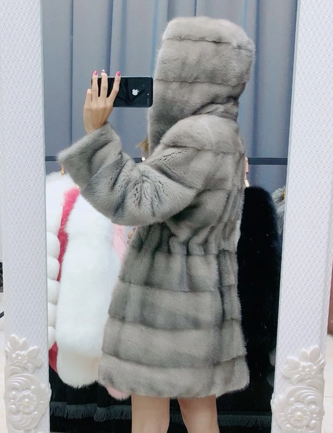 Women natural real mink fur coat 2022 female medium long hooded fur overcoat autumn and winter outerwear