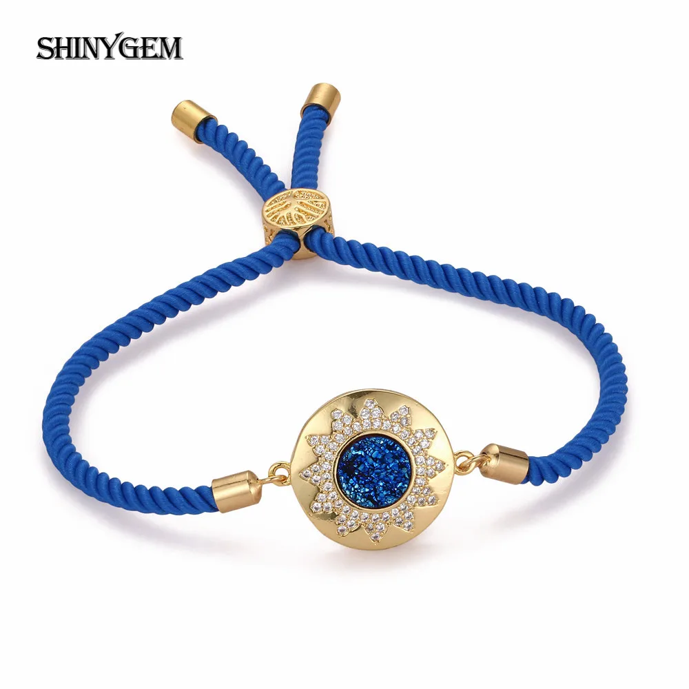 

ShinyGem Handmade PU Leather Braided Bracelet Gold Rhinestone Sun Totem Charm Original Druzy Stone For Women