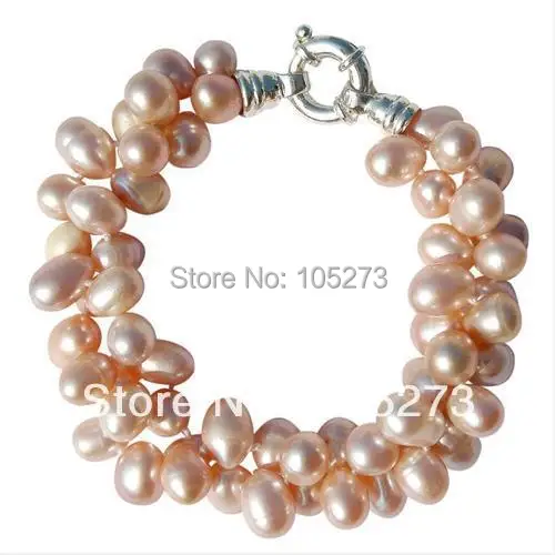 

Wholesale Pearl Jewelry Pretty Chunky Cultured Freshwater Peach Large Rice Pearl Two Strand Bracelet AA6-7MM 7.5'' Free Shipping