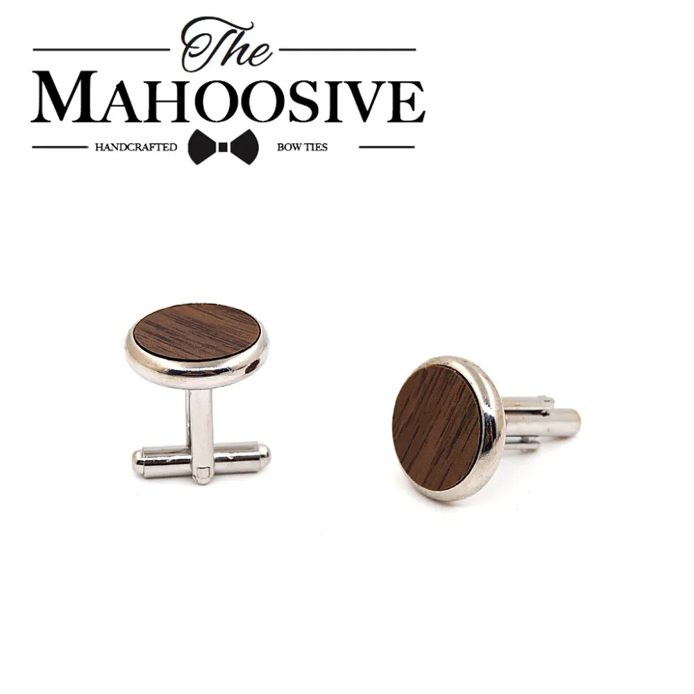 MAHOOSIVE Wooden Cufflinks Wedding Groom Round Black Walnut Cufflinks For Mens shirt accessories Casual Cuff Link with Gift box