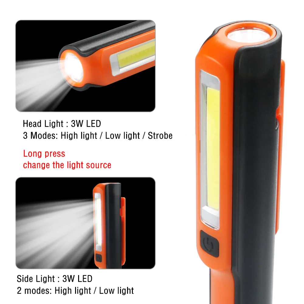 Portable 120 degree LED Flashlight COB LED 18650 Battery Outdoor Camping Powerful Repair Led Flashlight USB Rechargeable
