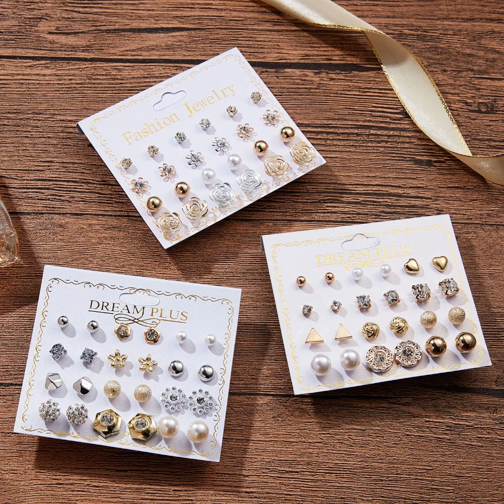 Rinhoo 12 pair/set Zircon Round Ball Imitation Pearls Stud Earring Sets Flower Classic Women Metal Girl Gift Mix Jewelry Earring